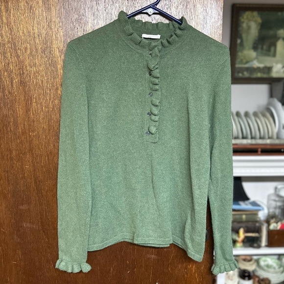 Charter Club 2 Ply Cashmere Ruffle Trim Sleeves and Collar Green size Small C7 - Picture 1 of 10
